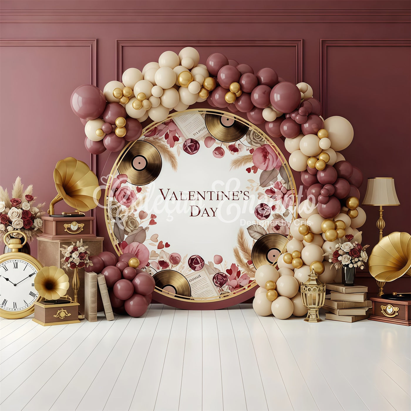 Valentinstag-Hintergrund Vintage-Schallplatten Rosenarrangement Hintergründe zum Valentinstag von Magali