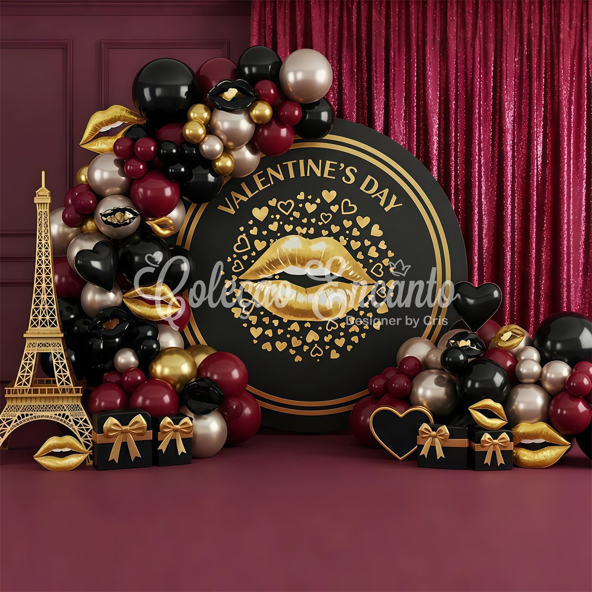 Valentinstag-Hintergrund Schwarz-Gold-Glam-Kuss-Dekoration Valentinstag-Hintergrund-Ideen Von Magali