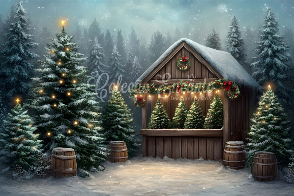 Weihnachten Fotokulisse Frosted Trees Wooden House Backdrop CEM5-20