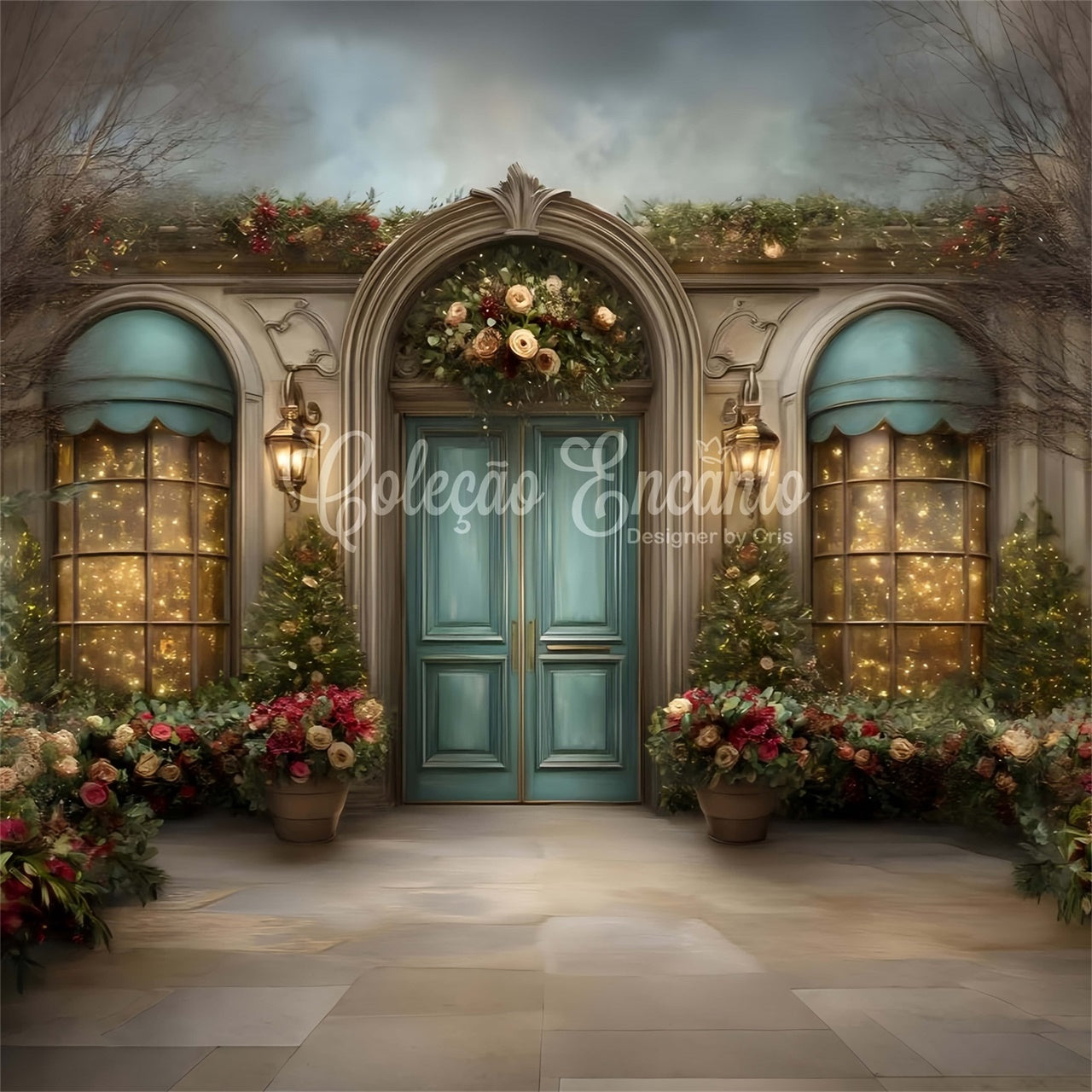 Weihnachts-Hintergrund für Fotos Gewölbte Türöffnung Floral-Hintergrund CEM5-42