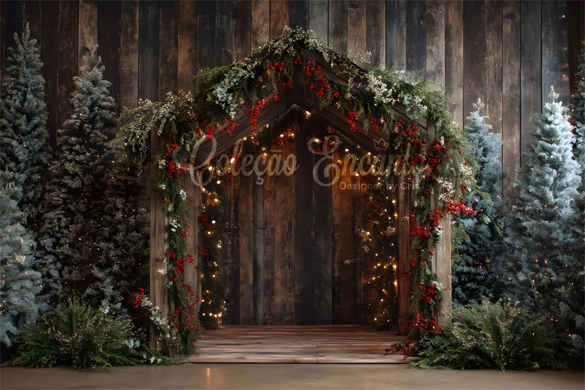 Weihnachts-Hintergrundkulissen Holztür Tannengirlande Hintergrundkulisse CEM5-43