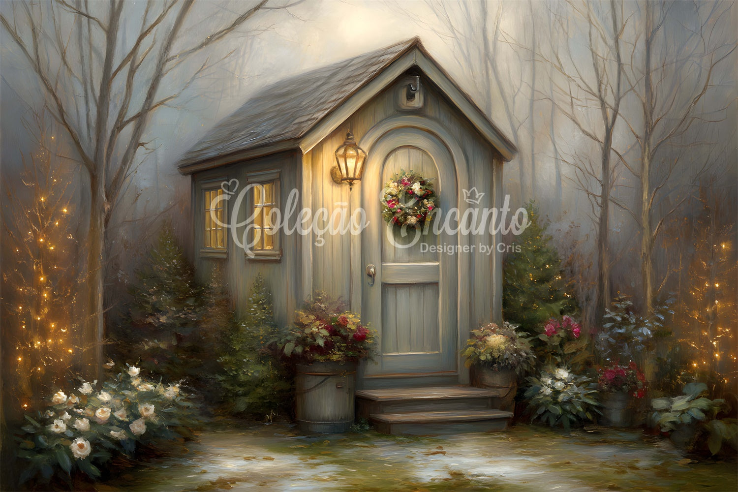 Weihnachts-Hintergrund Winter Cottage Wreath Forest Backdrop CEM5-45