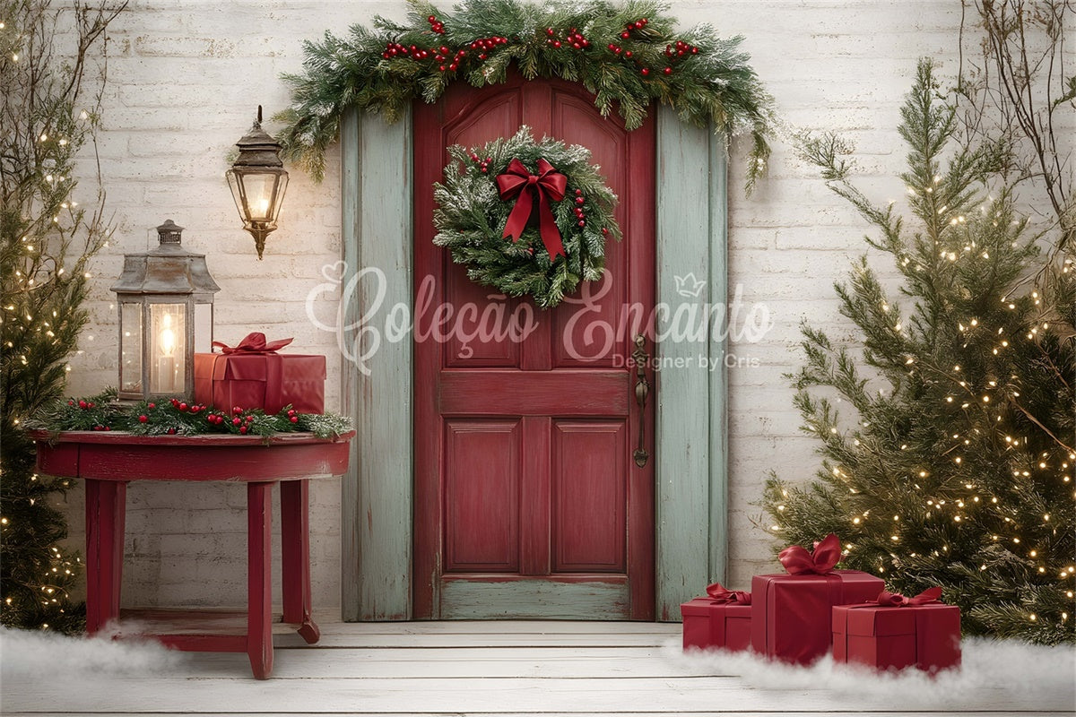 Professionelle Weihnachts-Hintergrundbilder Rote Tür Kranz Geschenk Hintergrund CEM5-50