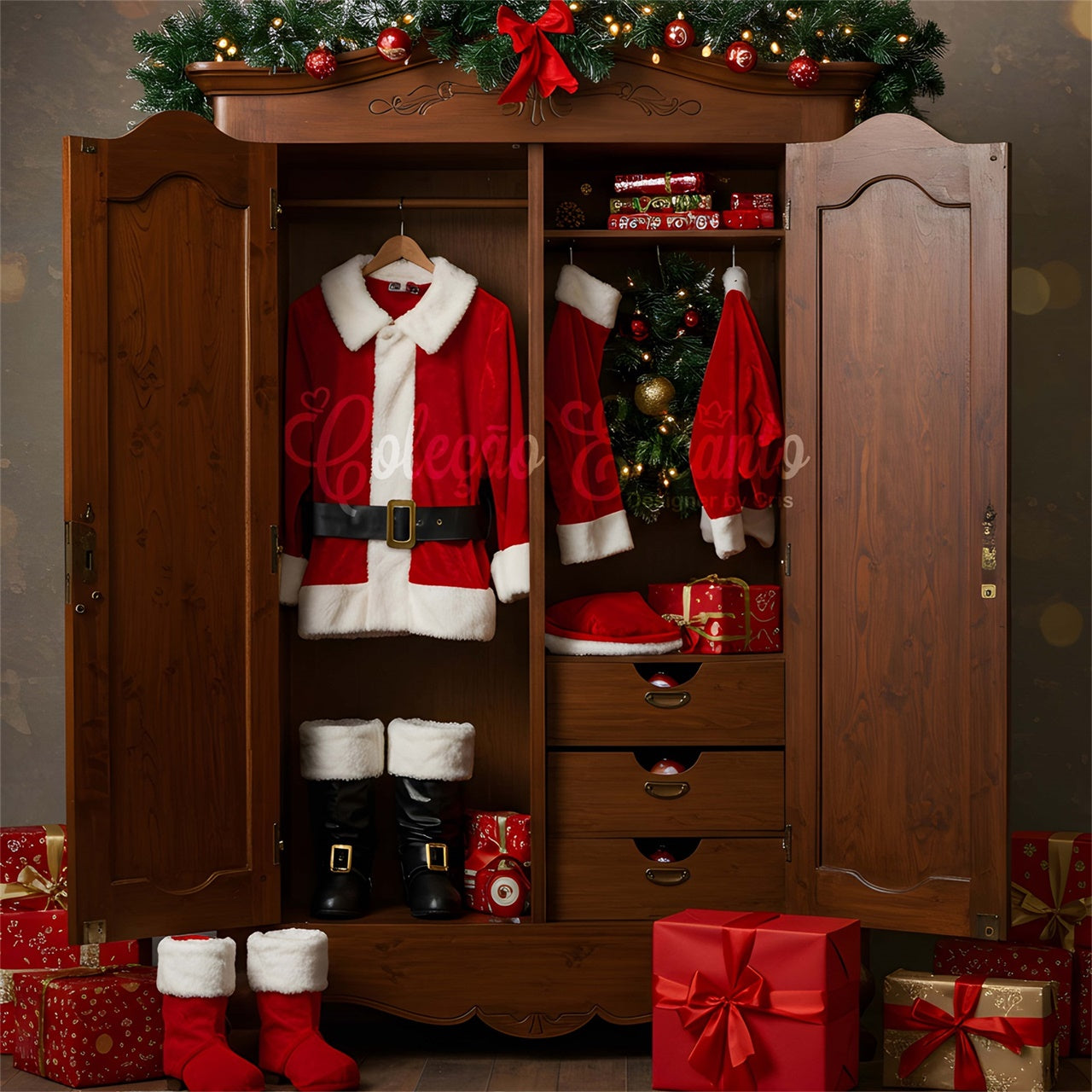 Weihnachten Fotokulisse Weihnachtsmann Kostüm Schrank Geschenk Hintergrund CEM5-54
