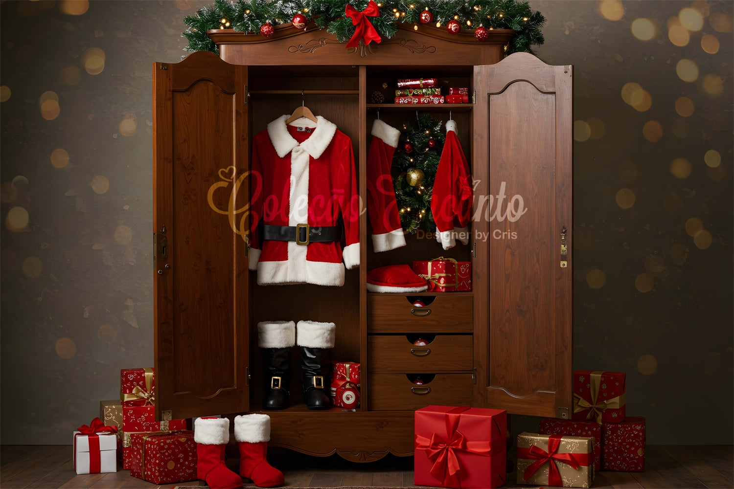 Weihnachten Fotokulisse Weihnachtsmann Kostüm Schrank Geschenk Hintergrund CEM5-54
