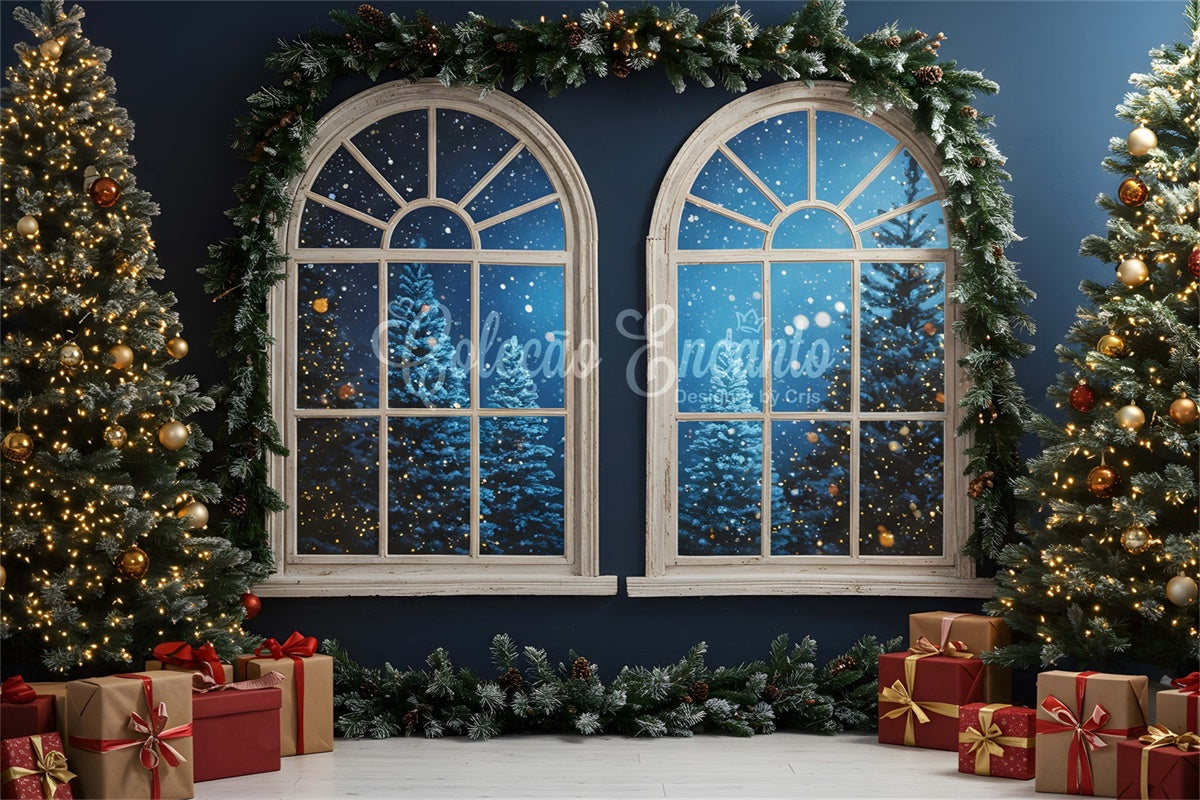 Weihnachts-Fotokulisse Gewölbte Fenster Verschneite Kulisse CEM5-58