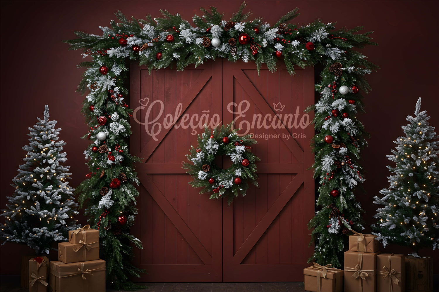Weihnachten Hintergrund für Fotos Rustikale rote Tür Kranz Hintergrund CEM5-8