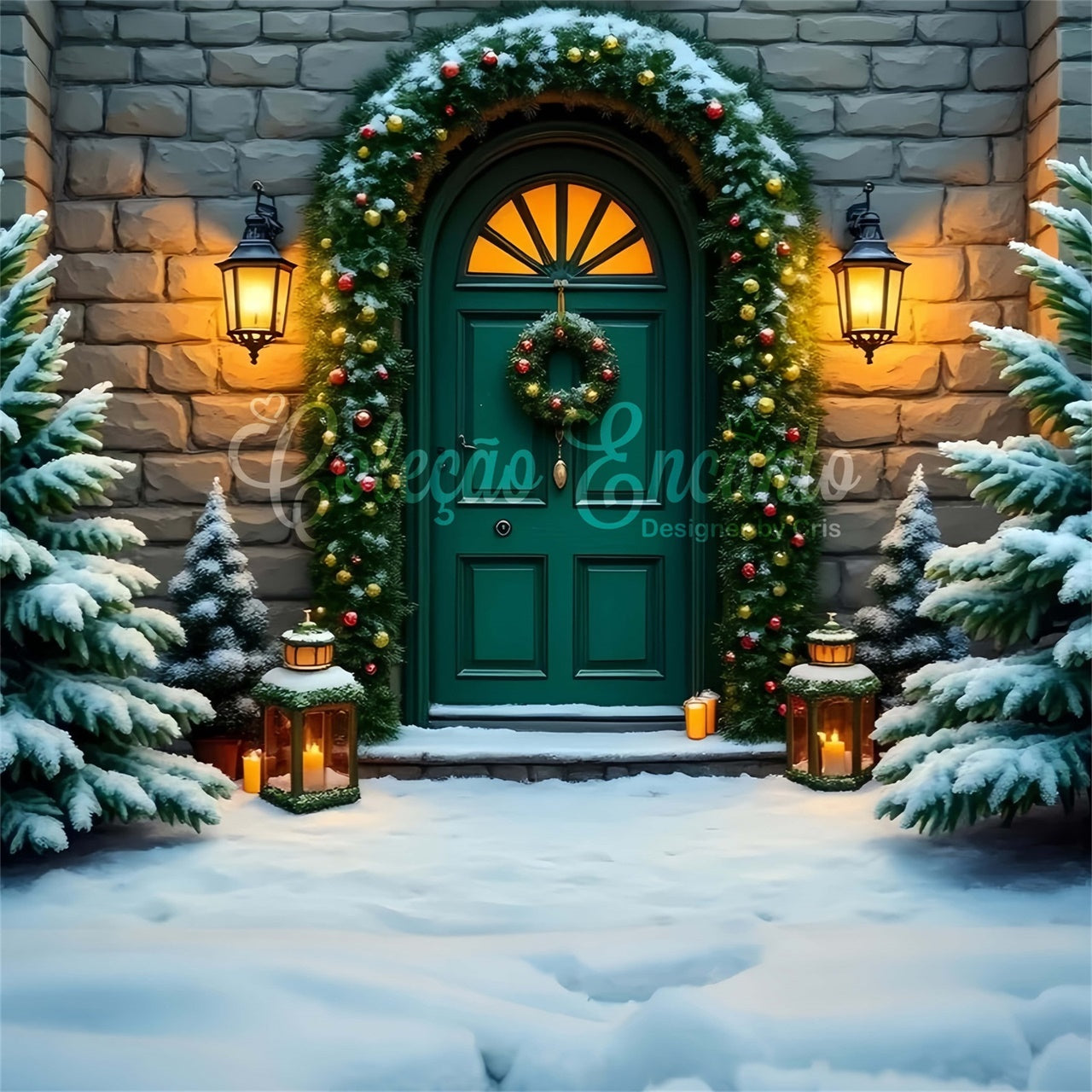 Xmas Backdrops Steinmauer Kranz Grüne Tür Backdrop CEM5-81