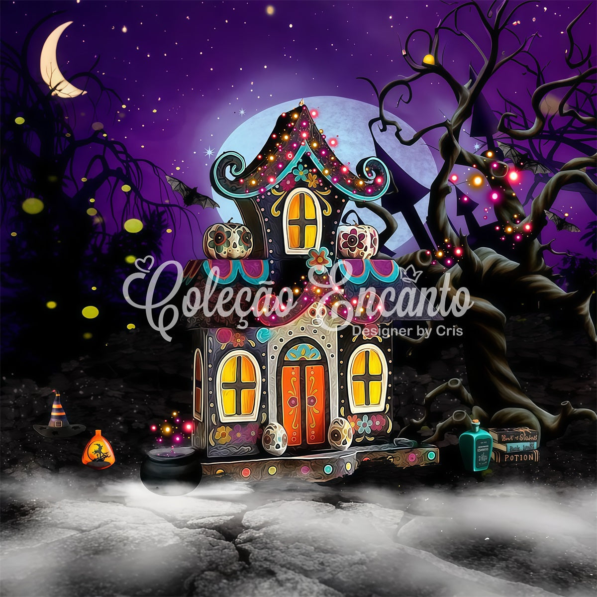 Kinder-Hintergründe Verspieltes Spukhaus mit Süßigkeiten Leuchtender Kinder-Halloween-Hintergrund von Magali