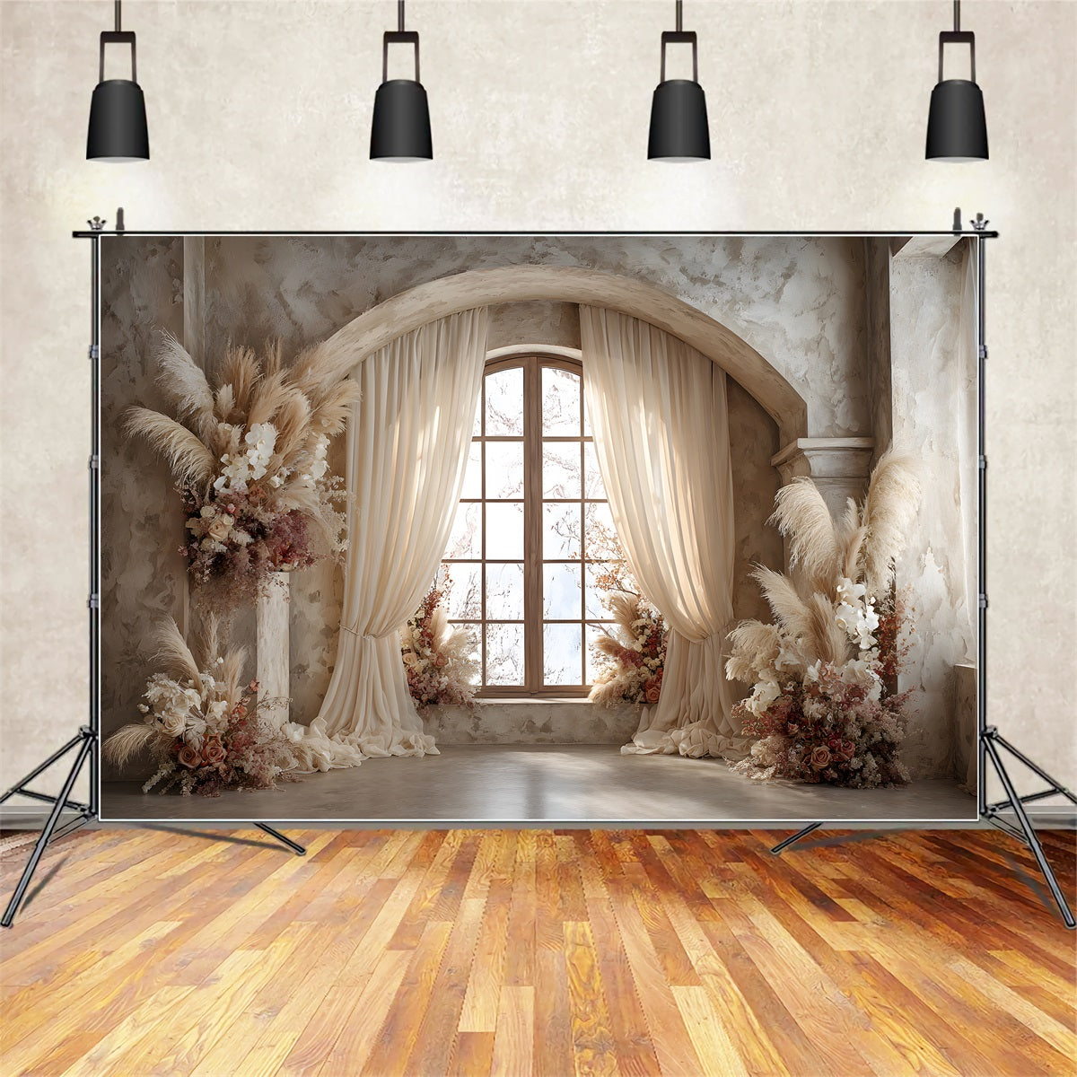 Muttertag Hintergrund Boho Pampas Fenster Blumen Fotokabine Muttertag Hintergrund von Magali