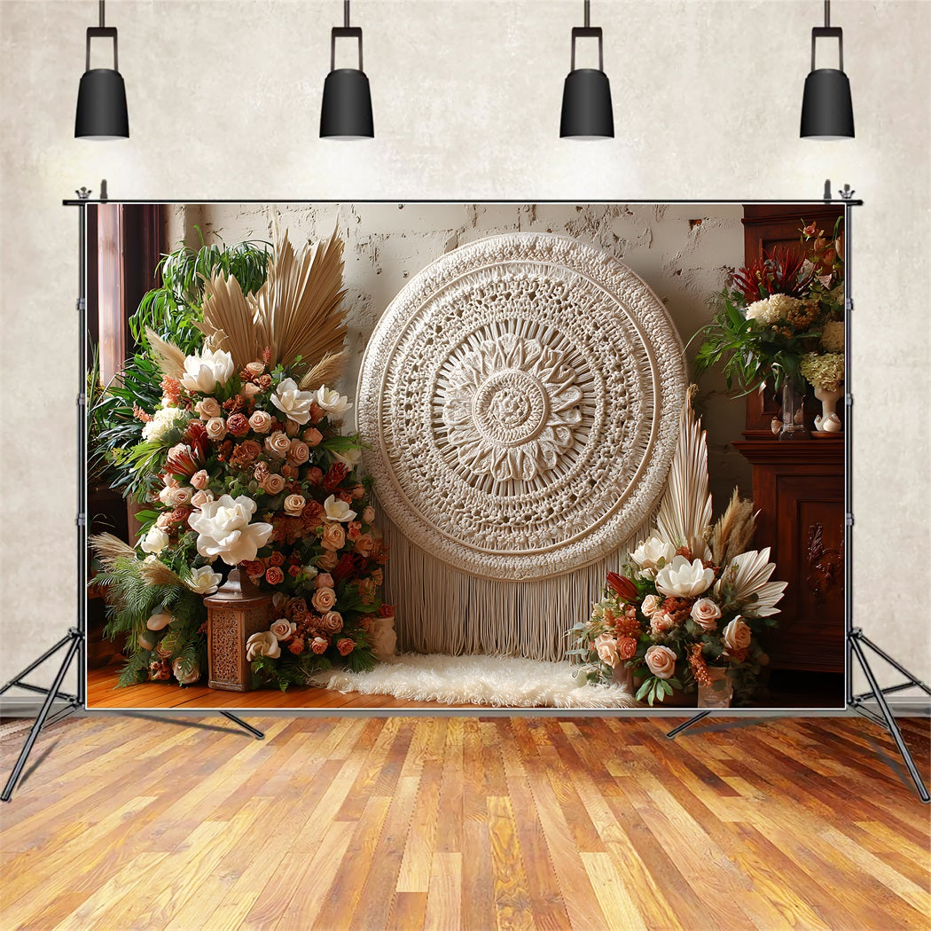 Happy Mothers Day Hintergrund Rustikaler Boho-Makramee-Blumen-Muttertags-Blumenhintergrund von Magali