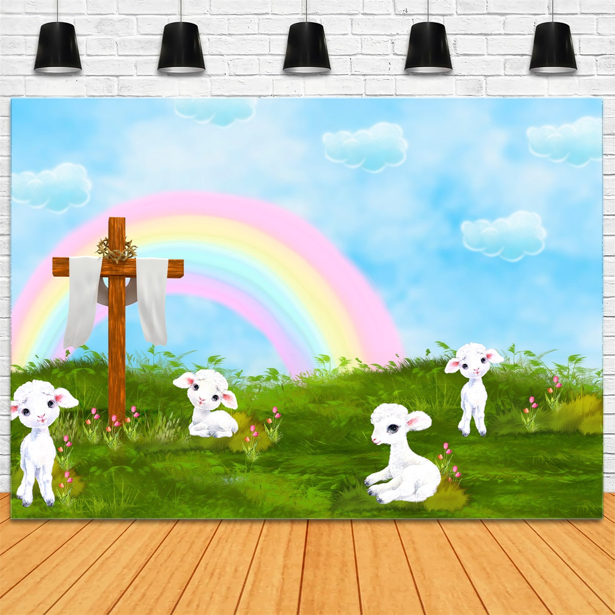 Hintergründe für Kinderfotografie Regenbogen Kreuz Lamm Wiese Segen Regenbogen Hintergrund von Magali