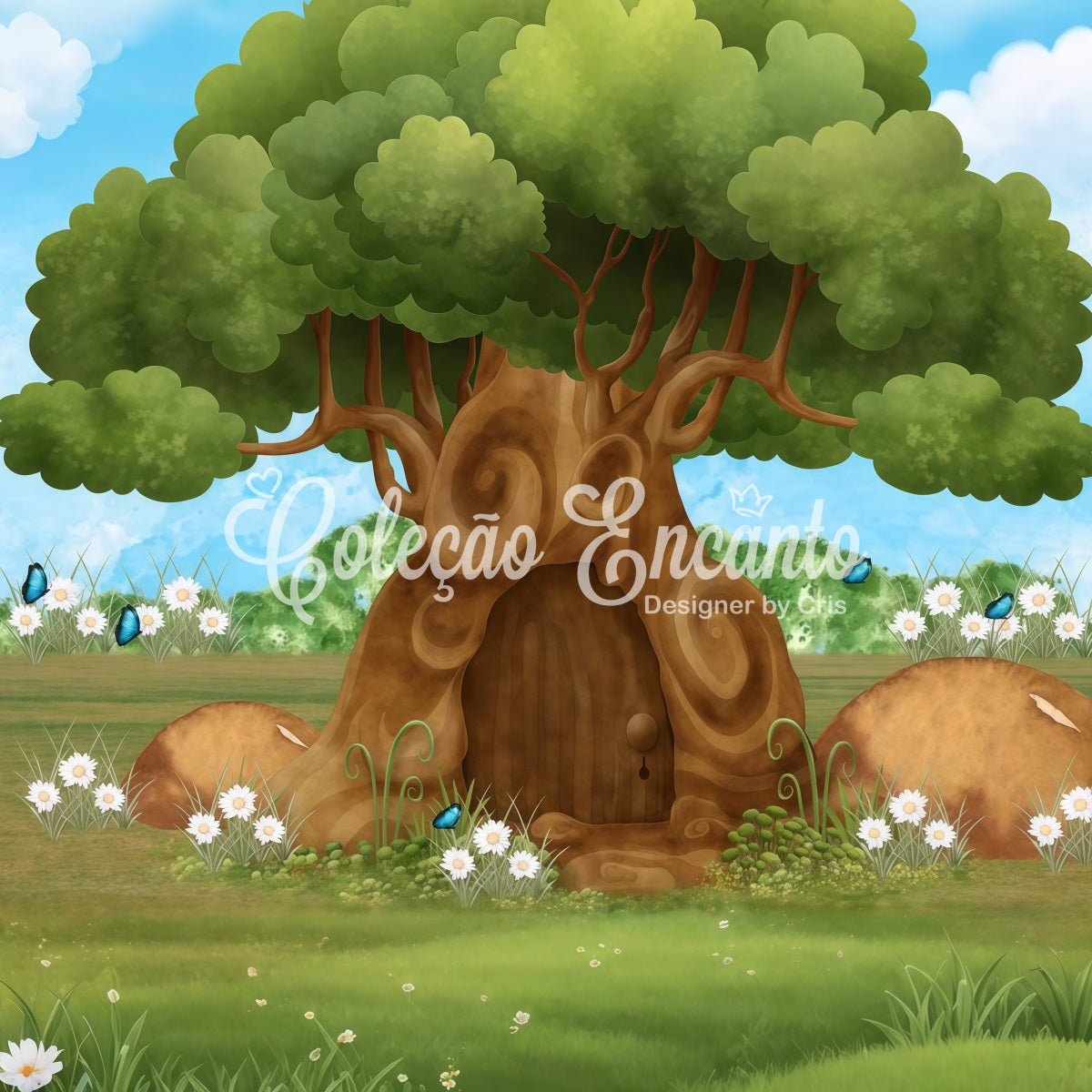Hintergrund für Kinder Verzauberte Baumtür Gänseblümchengarten Schmetterling Hintergrund von Magali