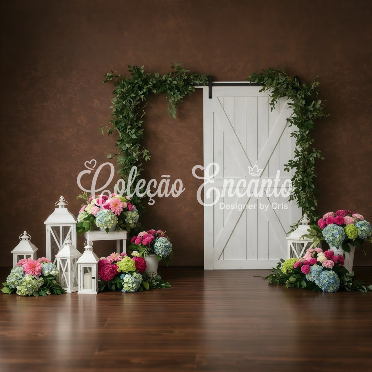 Hintergrund Muttertag Braune Wand Weiße Tür Blumen Glücklicher Muttertag-Hintergrund von Magali