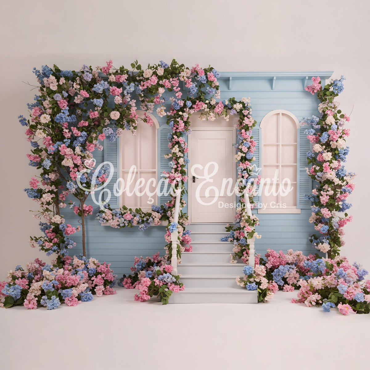 Fotohintergrund für den Muttertag Blaues Blumenhaus Muttertag-Fotoshooting-Hintergrund Von Magali