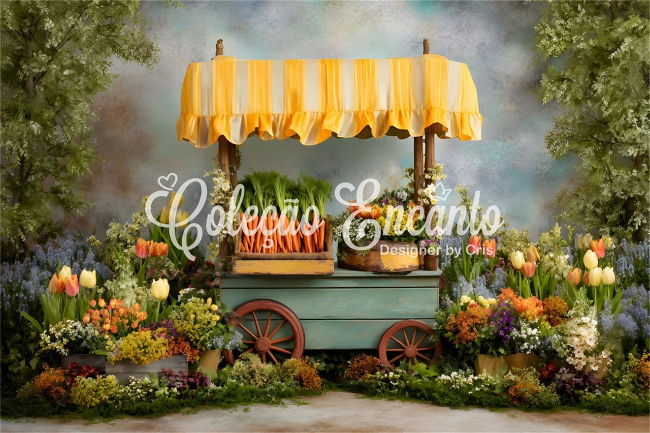 Oster-Karotten-Hintergrund Bunter Wagen Frühlingsblüten Oster-Hintergründe von Magali