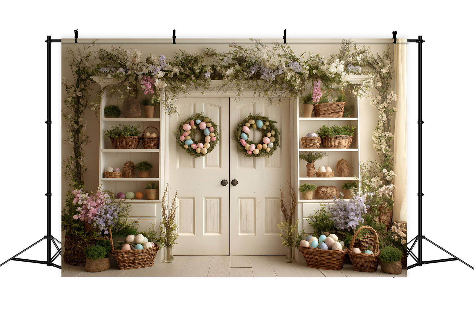 Osterkranz-Tür-Hintergrund Doppeltür Blumenregale Oster-Hintergrund Fotografie von Magali