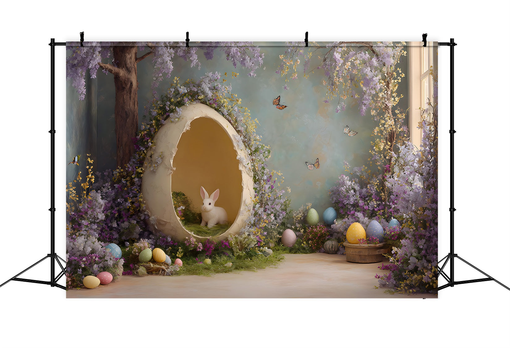 Kaninchen-Hintergrund Hase Ei Lila Blumen Oster-Fotografie-Hintergründe von Magali