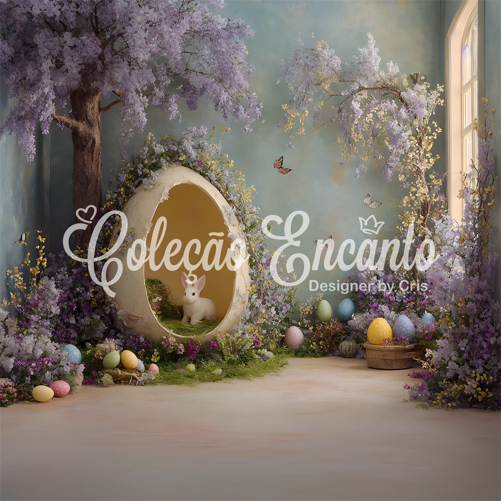 Kaninchen-Hintergrund Hase Ei Lila Blumen Oster-Fotografie-Hintergründe von Magali