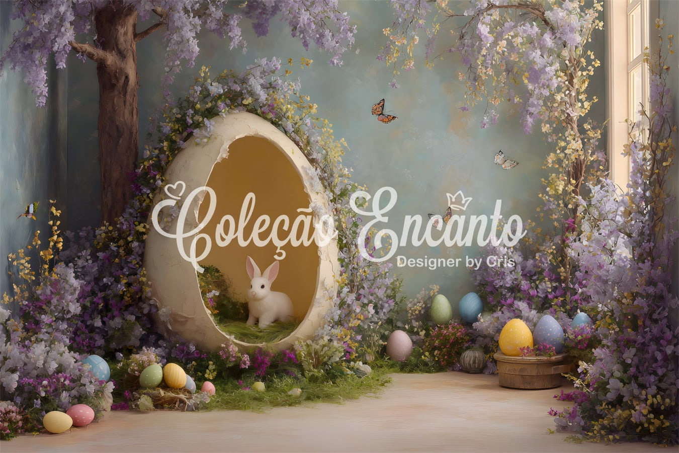 Kaninchen-Hintergrund Hase Ei Lila Blumen Oster-Fotografie-Hintergründe von Magali