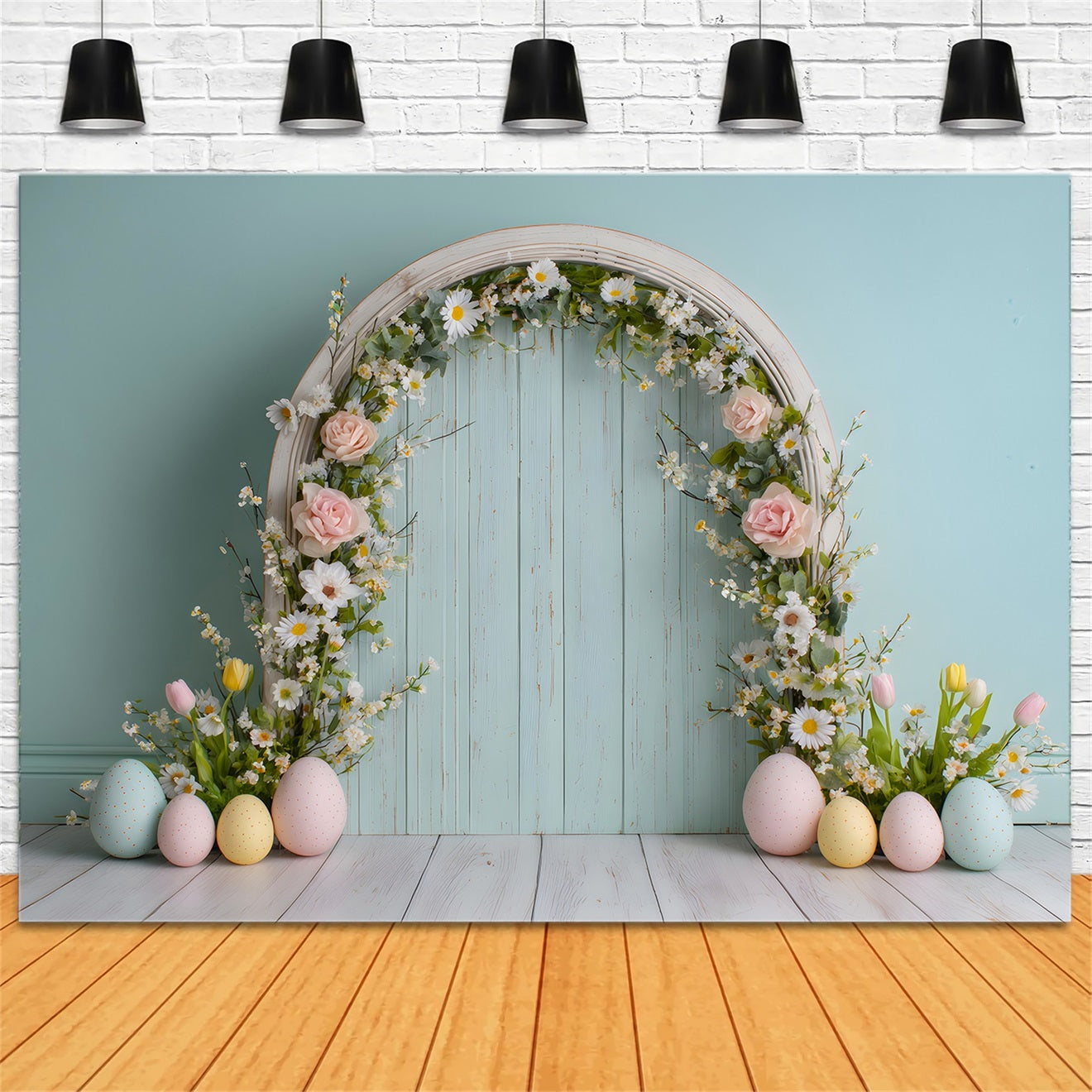 Oster-Gänseblümchen-Hintergrund Blumenbogen Pastellfarbene Eier Oster-Fotohintergrund-Ideen von Magali