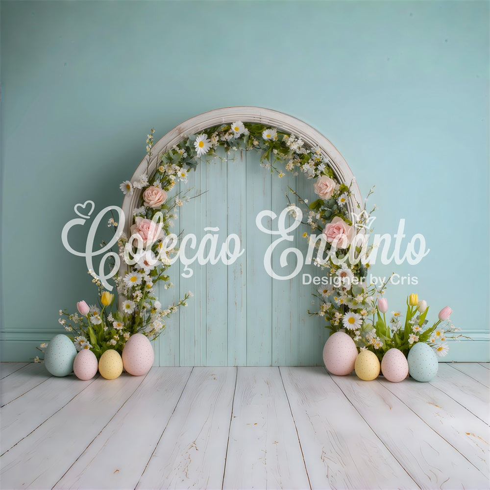 Oster-Gänseblümchen-Hintergrund Blumenbogen Pastellfarbene Eier Oster-Fotohintergrund-Ideen von Magali