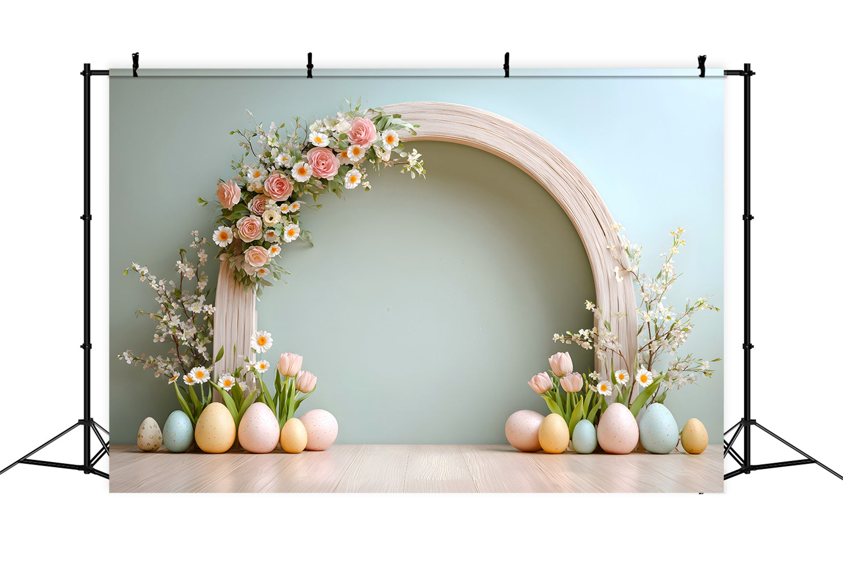 Oster-Ei-Hintergrund Rosenbogen Tulpen Gänseblümchen Oster-Hintergrund für Fotos von Magali