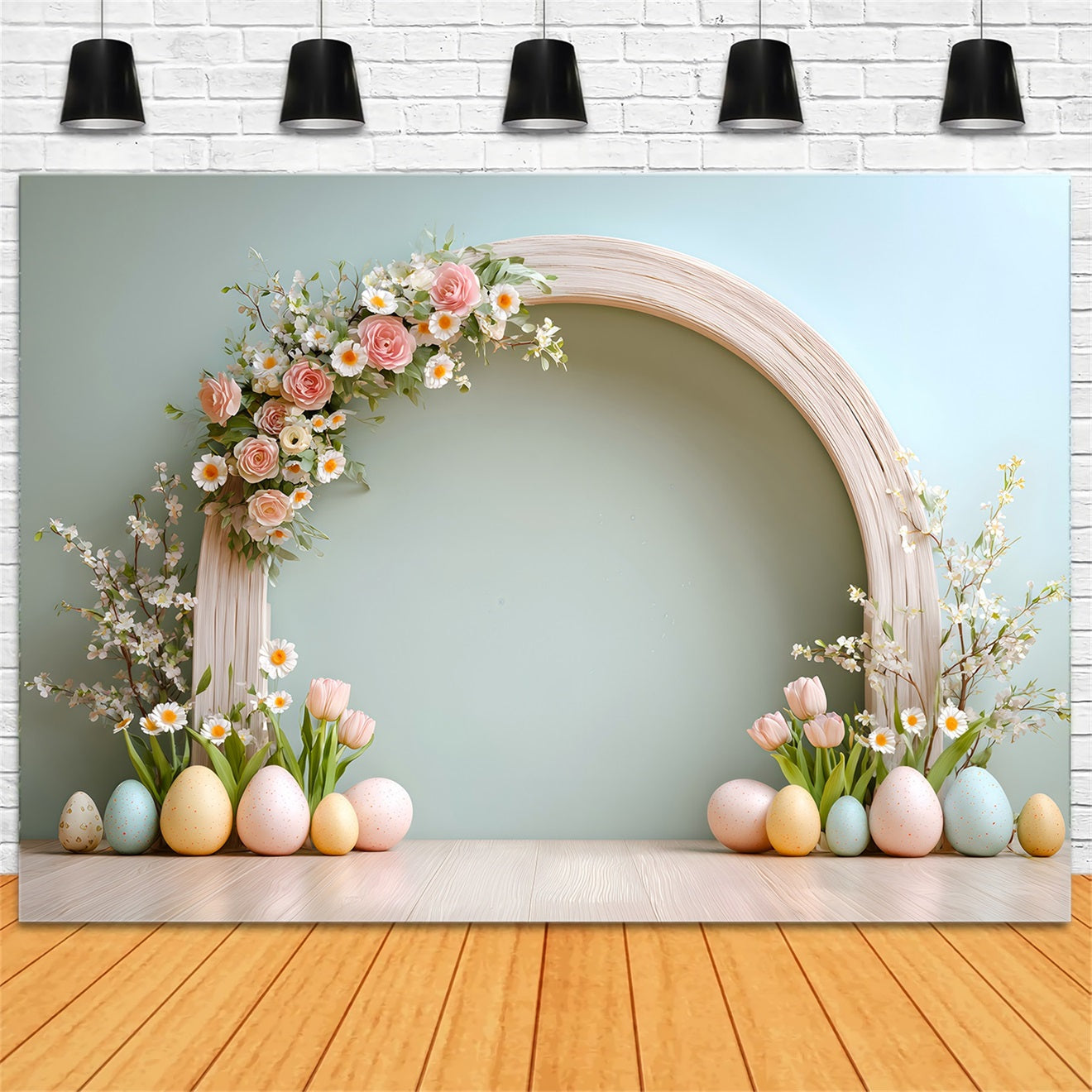 Oster-Ei-Hintergrund Rosenbogen Tulpen Gänseblümchen Oster-Hintergrund für Fotos von Magali