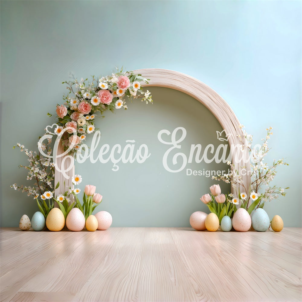 Oster-Ei-Hintergrund Rosenbogen Tulpen Gänseblümchen Oster-Hintergrund für Fotos von Magali