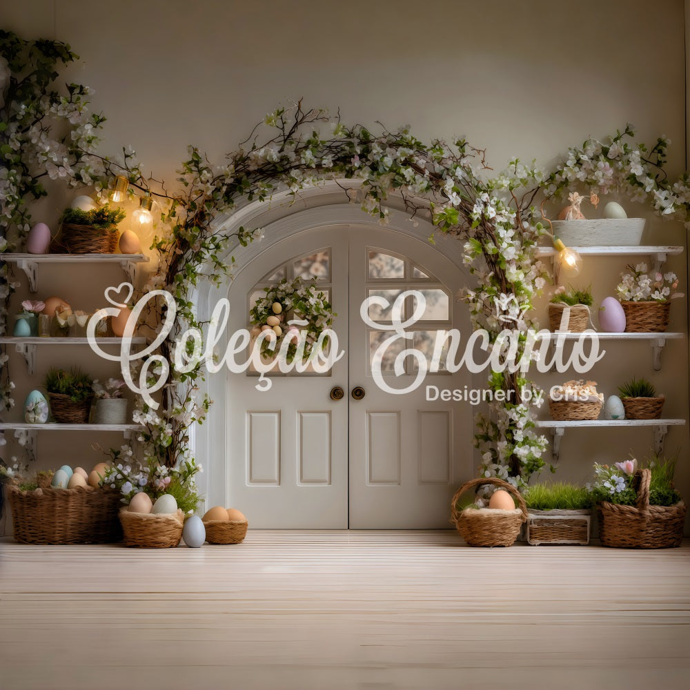 Osterkranz-Tür-Hintergrund Eier Blumenregale Frohe Ostern-Hintergrund von Magali