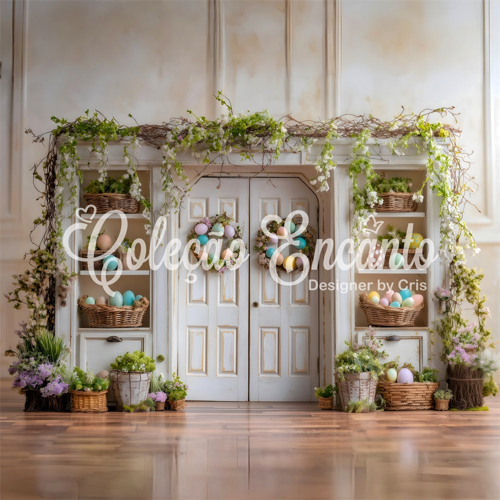 Oster-Frühlings-Blumenkranz-Hintergrund Weinreben-Tür Eierregale Oster-Hintergründe von Magali