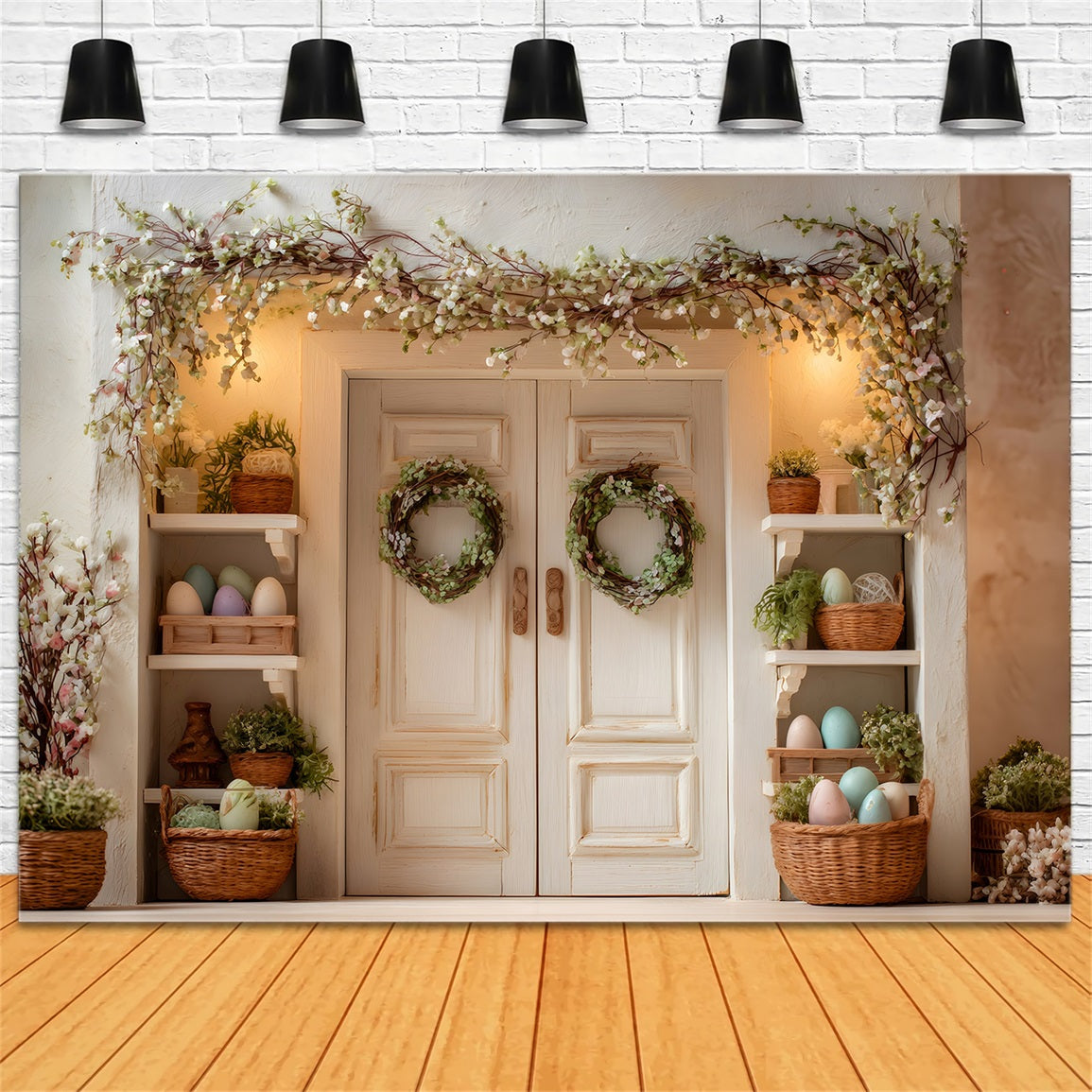 Oster-Frühlingshintergrund Blüten-Tür Grüne Kränze Oster-Fotoshooting-Hintergrund von Magali