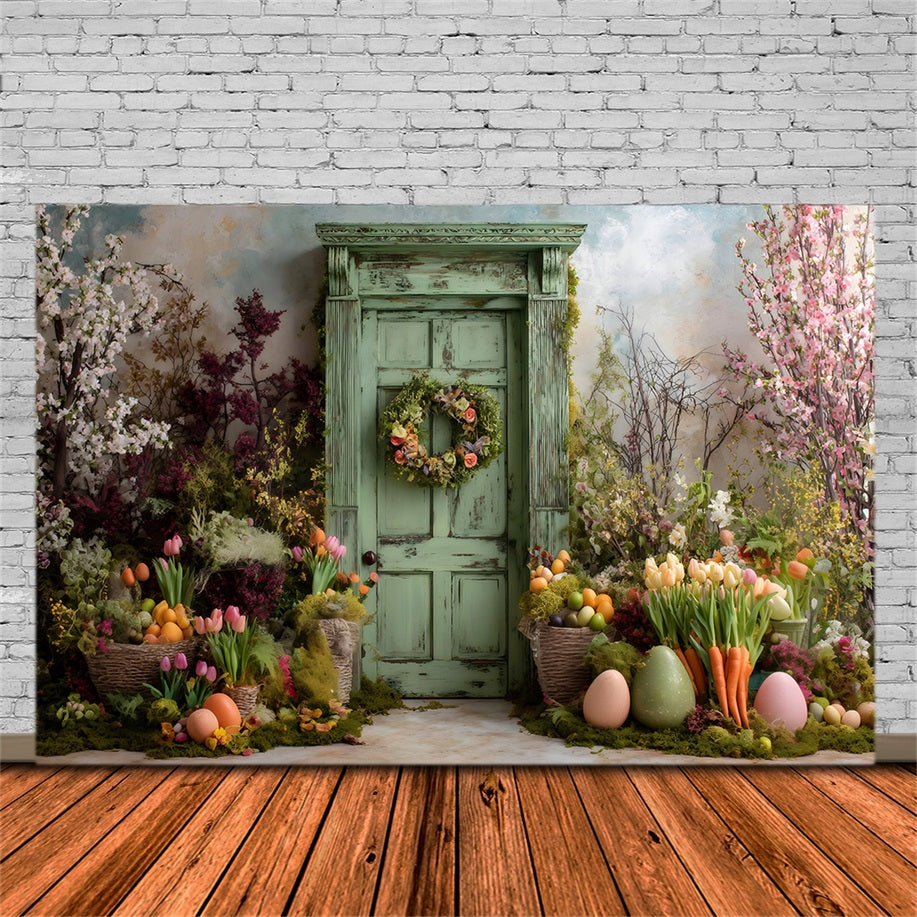 Oster-Frühlingshintergrund Grüne Tür Moosbewachsene Blüten Oster-Hintergrund für Fotos von Magali