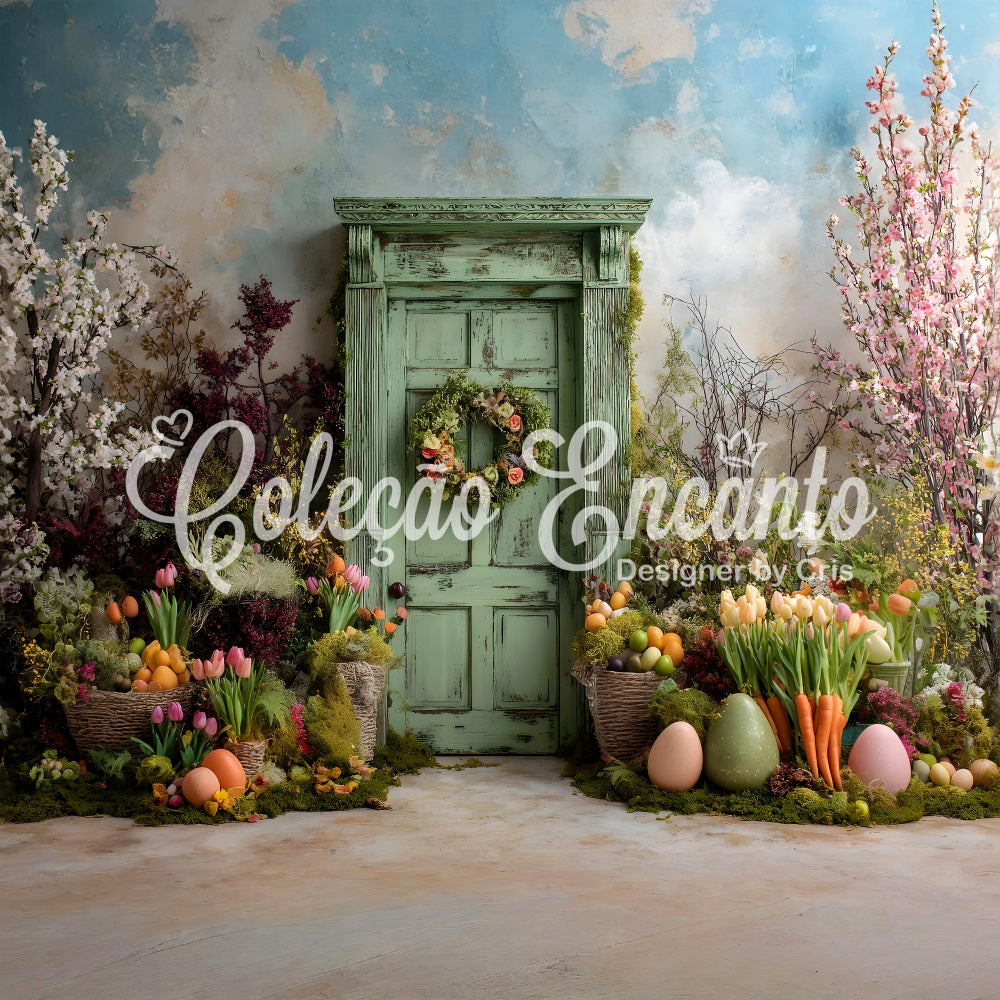 Oster-Frühlingshintergrund Grüne Tür Moosbewachsene Blüten Oster-Hintergrund für Fotos von Magali
