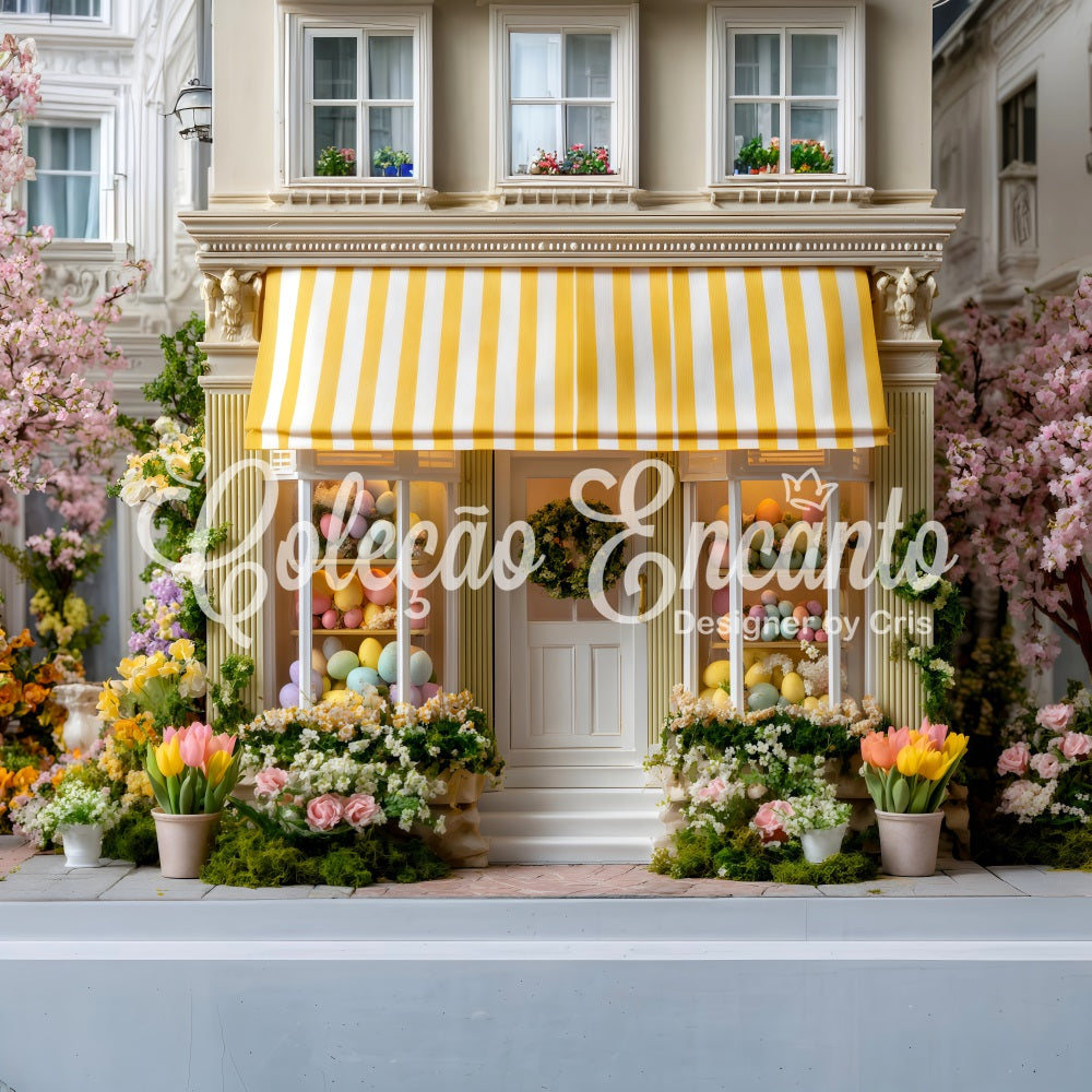 Oster-Hintergrund im europäischen Garten Gelbe Markise Eier-Laden-Hintergrund Ostern von Magali