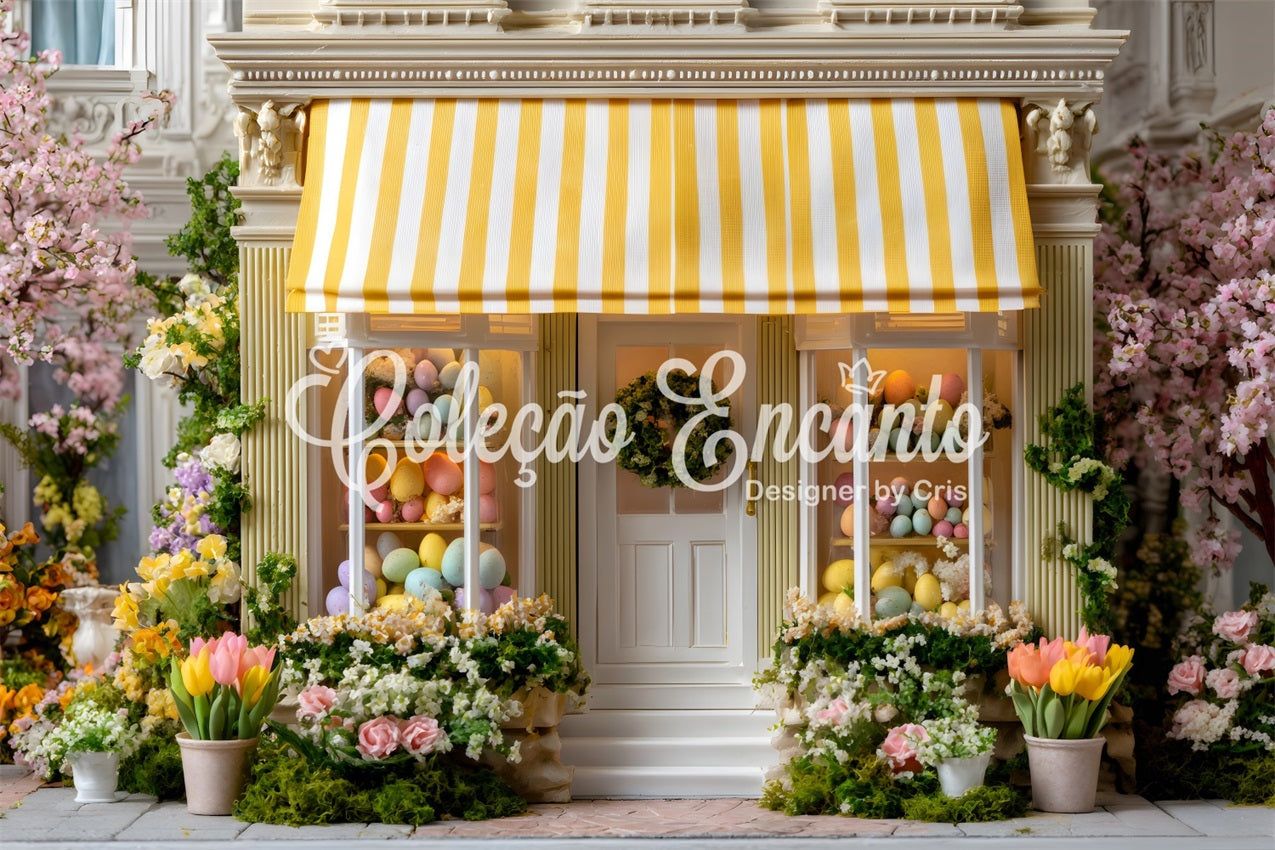 Oster-Hintergrund im europäischen Garten Gelbe Markise Eier-Laden-Hintergrund Ostern von Magali