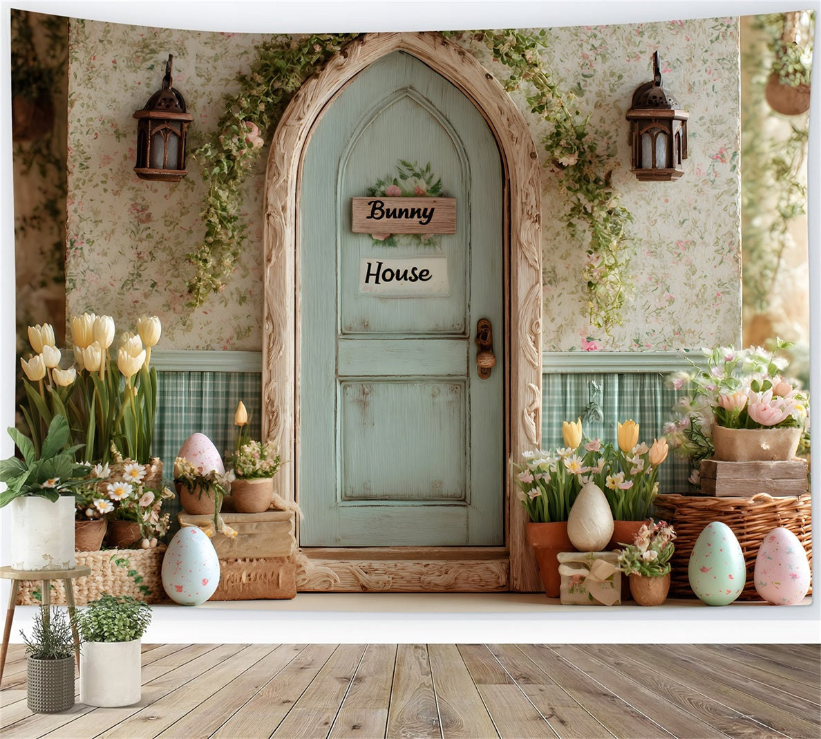 Oster-Tulpen-Hintergrund Hasenhaus Blumen-Eier-Hintergrund für Ostern von Magali