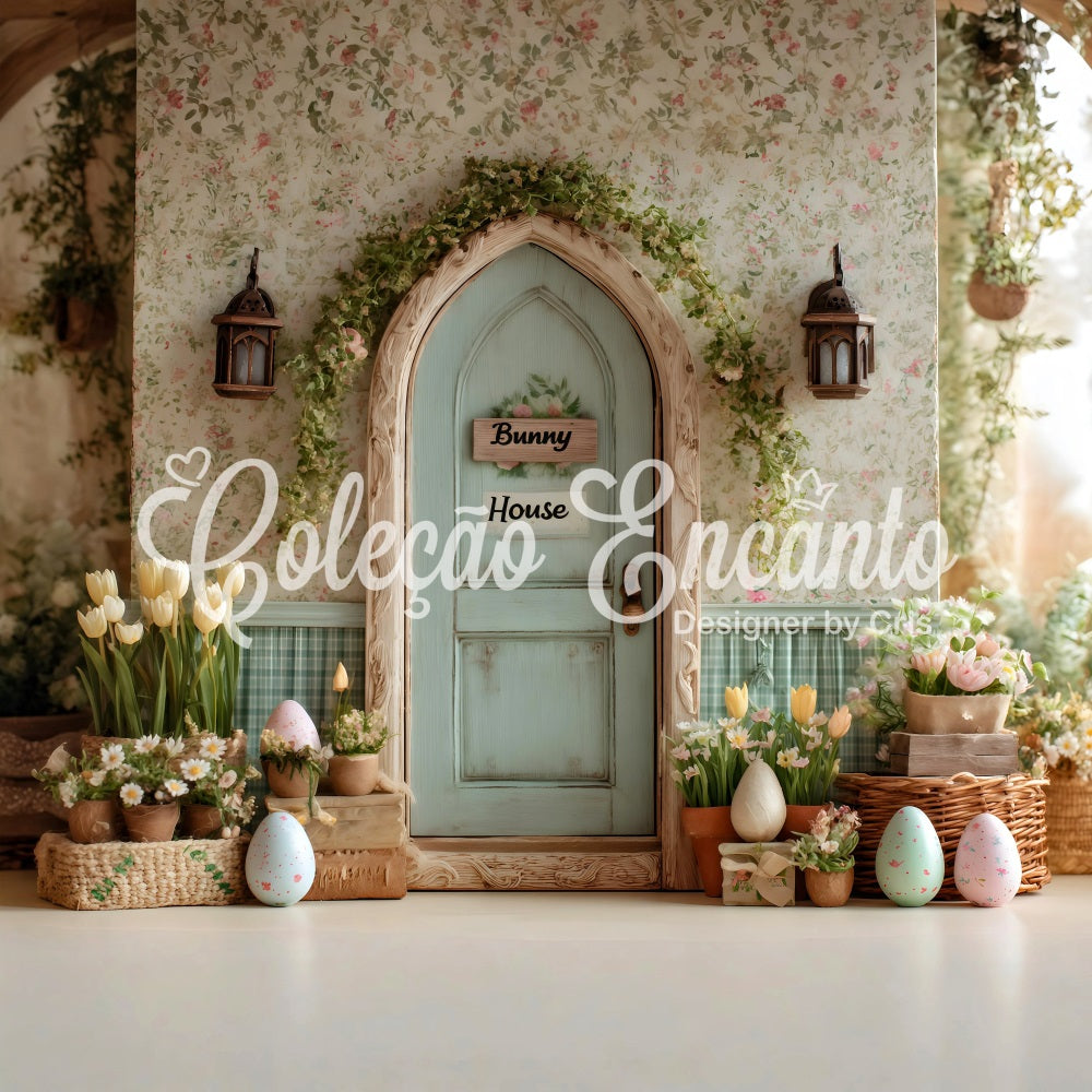 Oster-Tulpen-Hintergrund Hasenhaus Blumen-Eier-Hintergrund für Ostern von Magali