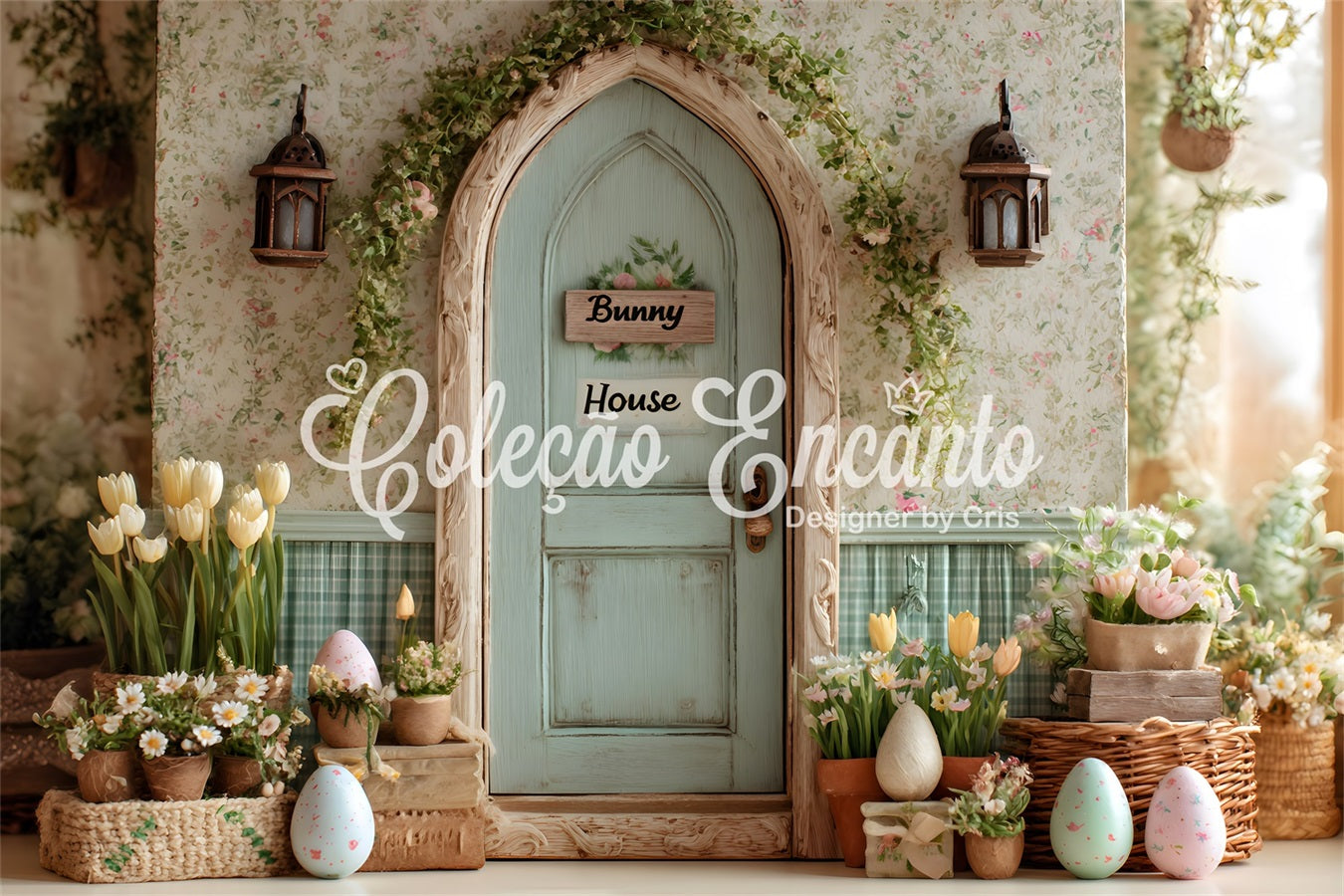 Oster-Tulpen-Hintergrund Hasenhaus Blumen-Eier-Hintergrund für Ostern von Magali