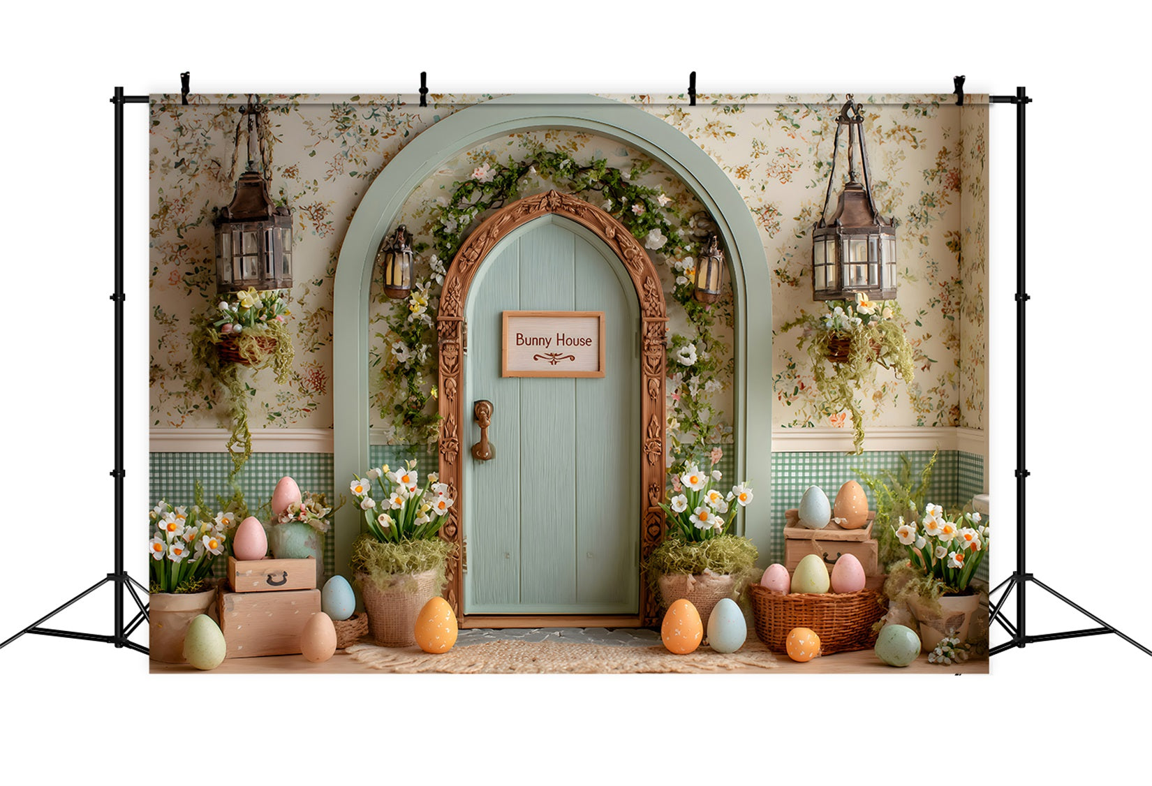 Oster-Gänseblümchen-Hintergrund Torbogen Blumen-Eier-Hintergründe für Ostern von Magali