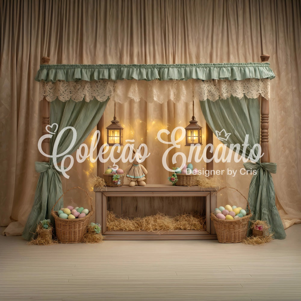 Oster-Hintergrund mit niedlichem Baldachin Hasen-Eierkörbchen Oster-Bildhintergrund von Magali