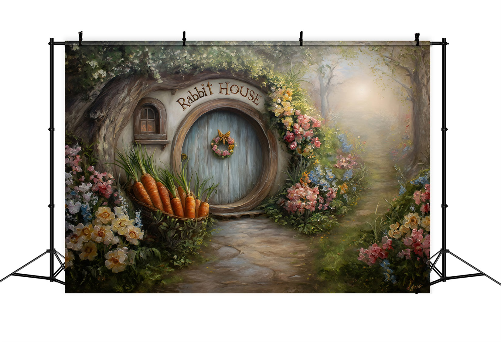 Oster-Hasenbau-Hintergrund Hobbit-Tür Karottenblüten Oster-Fotografie-Hintergrund von Magali