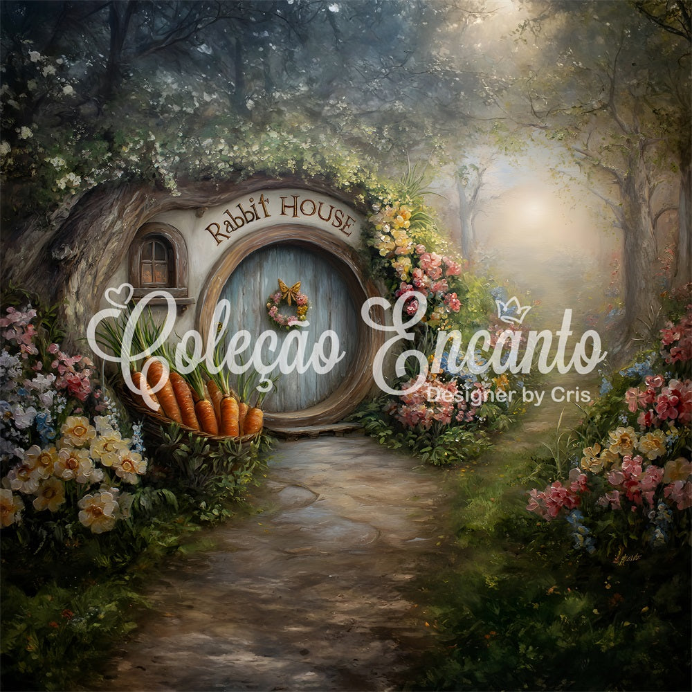 Oster-Hasenbau-Hintergrund Hobbit-Tür Karottenblüten Oster-Fotografie-Hintergrund von Magali