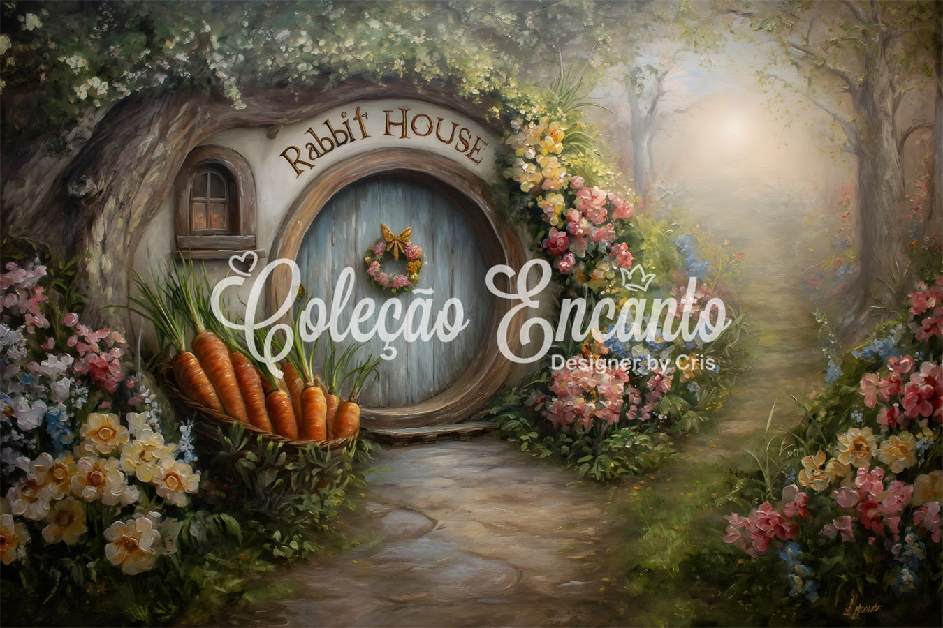 Oster-Hasenbau-Hintergrund Hobbit-Tür Karottenblüten Oster-Fotografie-Hintergrund von Magali