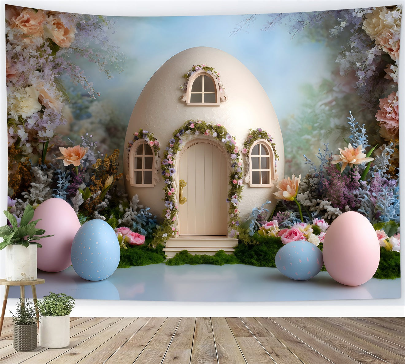 Eier-Hintergrund Eierhaus Pastellblüten Oster-Fotografie-Hintergründe zu verkaufen von Magali