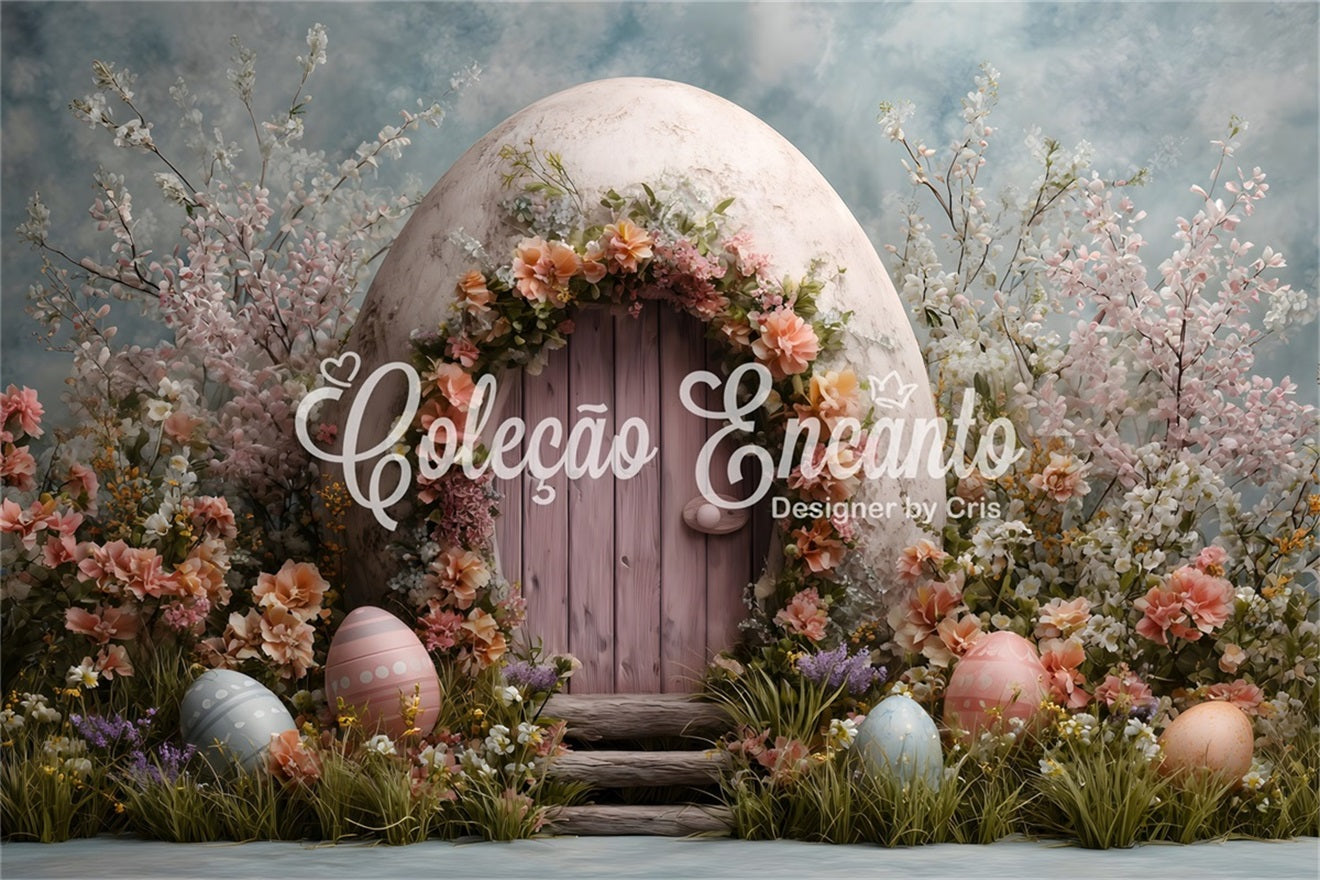 Hasenbau-Hintergrund Rosa Tür Eierblüten Foto-Hintergrund Ostern von Magali