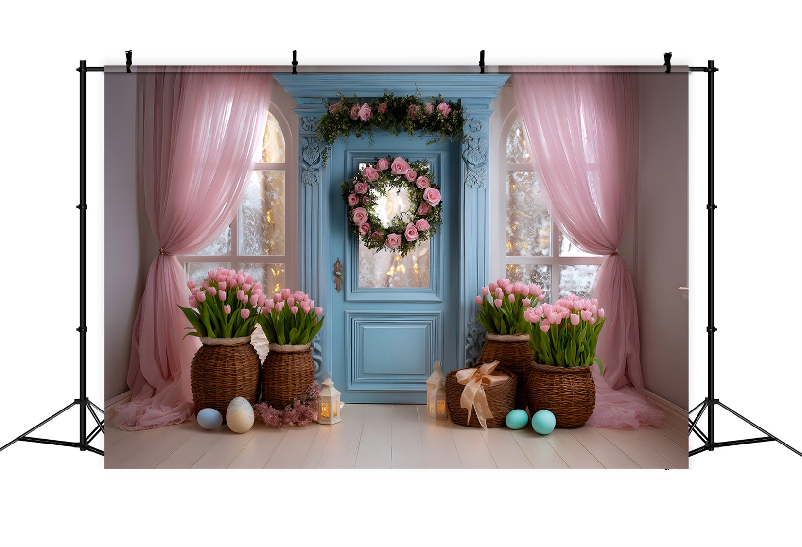 Oster-Tulpen-Hintergrund Blaue Tür Rosa Vorhang Oster-Hintergrund für Fotografie von Magali