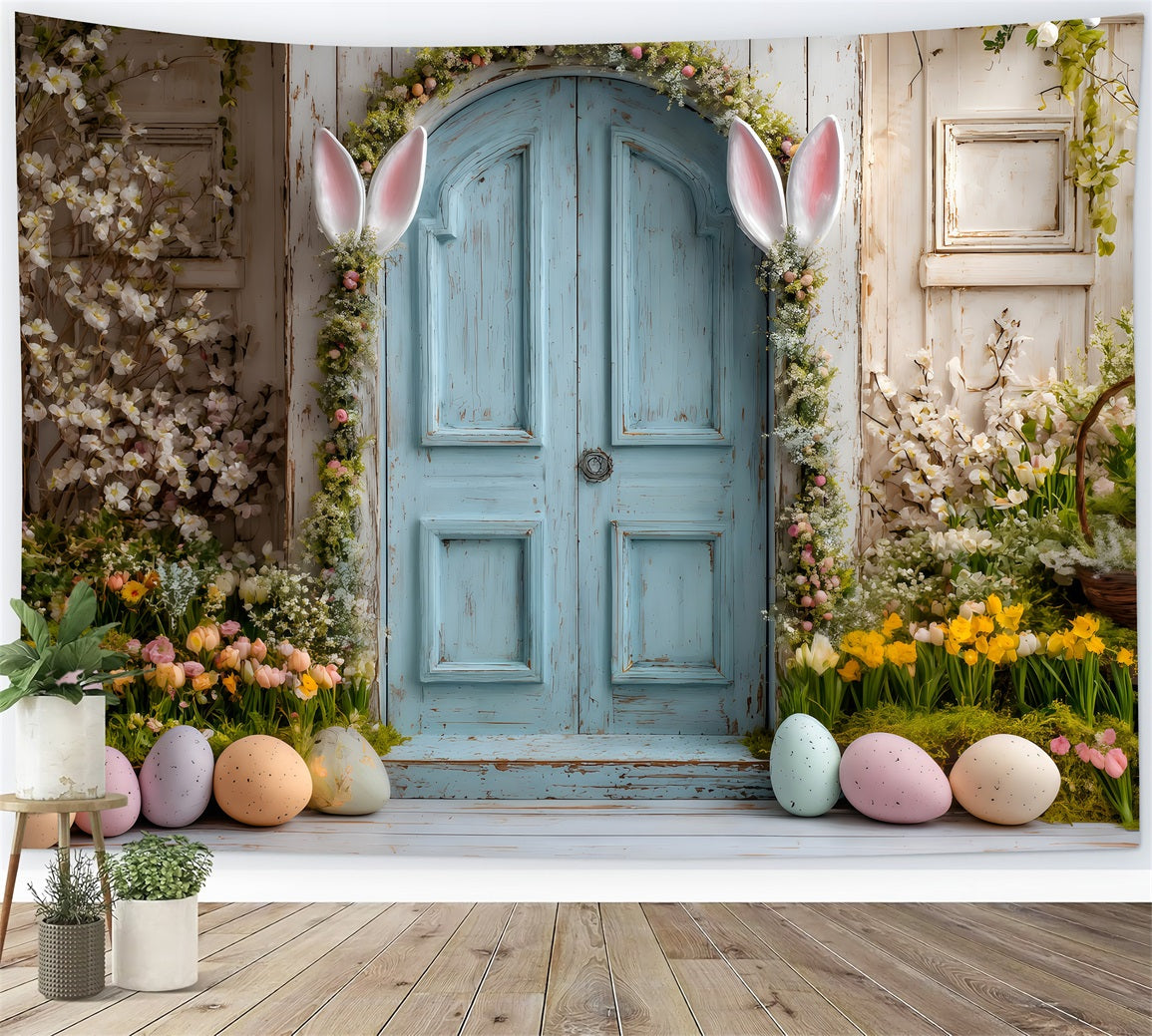 Oster-Narzsen-Hintergrund Hasenohren Blaue Tür Hintergründe für Osterbilder Von Magali