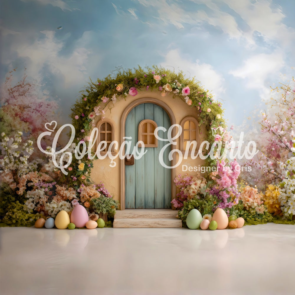 Oster-Kranz-Tür-Hintergrund Blumenbogen Kleine Tür Oster-Hintergrund für draußen Von Magali