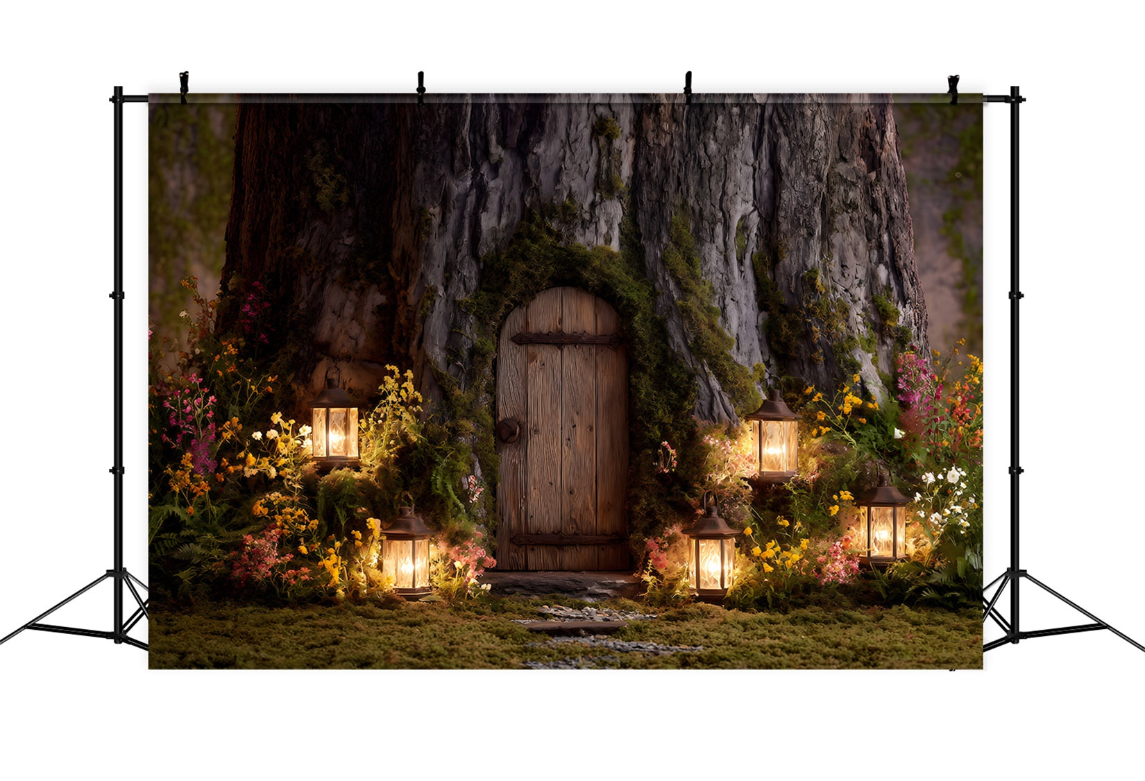 Osterhase-Höhle-Hintergrund Baum Tür Laterne Blüten Osterhintergründe für Fotos von Magali